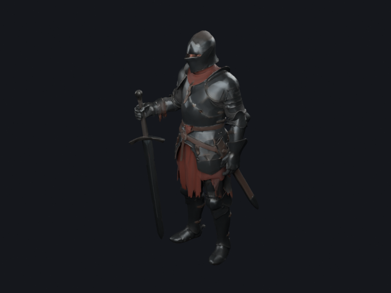 A battle-worn medieval knight in full plate armor